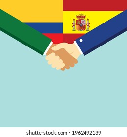 The handshake and two flags Colombia and Spain. Flat style vector illustration.