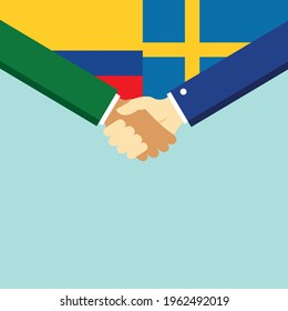The handshake and two flags Colombia and Sweden. Flat style vector illustration.
