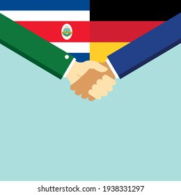 Der Handschlag und zwei Flaggen Costa Rica und Deutsch. Flache Vektorgrafik.
