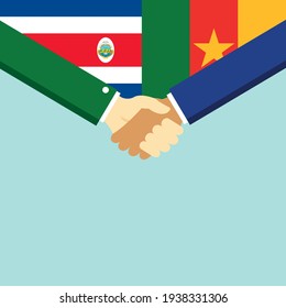 El apretón de manos y dos banderas son Costa Rica y Camerún. Ilustración vectorial de estilo plano.
