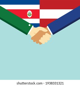The handshake and two flags Costa Rica and Austria. Flat style vector illustration.