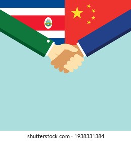 The handshake and two flags Costa Rica and China. Flat style vector illustration.