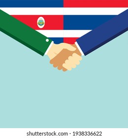 Der Handschlag und zwei Flaggen Costa Rica und Thailand. Flache Vektorgrafik.