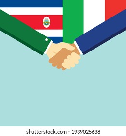 The handshake and two flags Costa Rica and Italy. Flat style vector illustration.