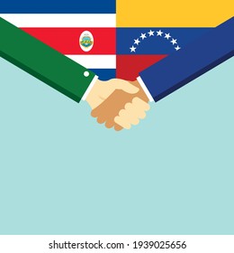 Der Handschlag und zwei Flaggen Costa Rica und Venezuela. Flache Vektorgrafik.