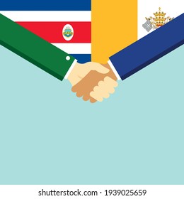 The handshake and two flags Costa Rica and Vatican. Flat style vector illustration.