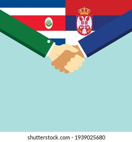 The handshake and two flags Costa Rica and Serbia. Flat style vector illustration.