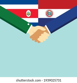 The handshake and two flags Costa Rica and Paraguay. Flat style vector illustration.