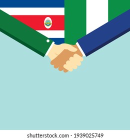 The handshake and two flags Costa Rica and Nigeria. Flat style vector illustration.
