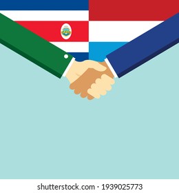 The handshake and two flags Costa Rica and Luxembourg. Flat style vector illustration.