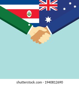 El apretón de manos y dos banderas: Costa Rica y Australia. Ilustración vectorial de estilo plano.