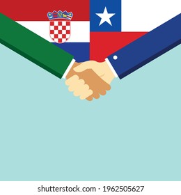 The handshake and two flags Croatia and Chile. Flat style vector illustration.