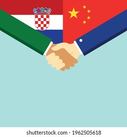 The handshake and two flags Croatia and China. Flat style vector illustration.