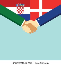El apretón de manos y dos banderas son Croacia y Dinamarca. Ilustración vectorial de estilo plano.
