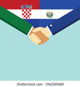 The handshake and two flags Croatia and El Salvador. Flat style vector illustration.