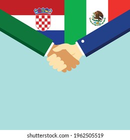 The handshake and two flags Croatia and Mexico. Flat style vector illustration.