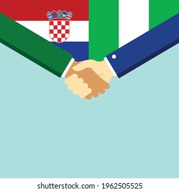 The handshake and two flags Croatia and Nigeria. Flat style vector illustration.