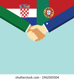 The handshake and two flags Croatia and Portugal. Flat style vector illustration.