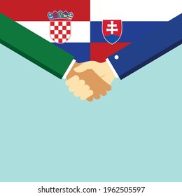 The handshake and two flags Croatia and Slovakia. Flat style vector illustration.