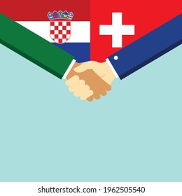 The handshake and two flags Croatia and Switzerland. Flat style vector illustration.