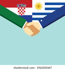 The handshake and two flags Croatia and Uruguay. Flat style vector illustration.