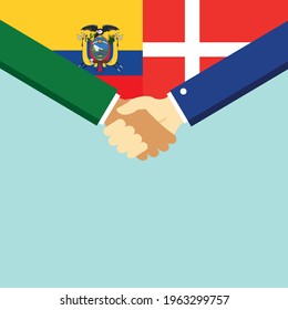 El apretón de manos y dos banderas: Ecuador y Dinamarca. Ilustración vectorial de estilo plano.