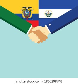 The handshake and two flags Ecuador and El Salvador. Flat style vector illustration.