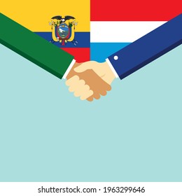 The handshake and two flags Ecuador and Luxembourg. Flat style vector illustration.