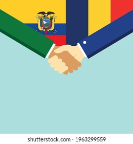 The handshake and two flags Ecuador and Romania. Flat style vector illustration.