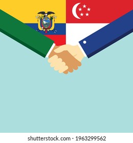 The handshake and two flags Ecuador and Singapore. Flat style vector illustration.