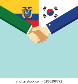 The handshake and two flags Ecuador and South Korea. Flat style vector illustration.