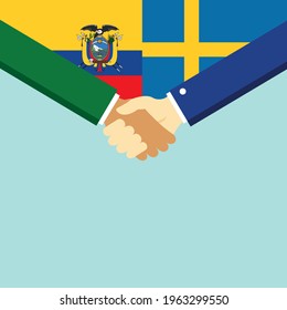 El apretón de manos y dos banderas: Ecuador y Suecia. Ilustración vectorial de estilo plano.