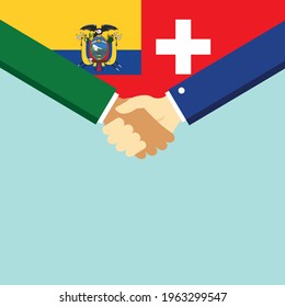 The handshake and two flags Ecuador and Switzerland. Flat style vector illustration.
