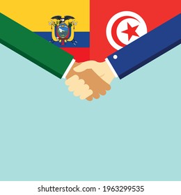 El apretón de manos y dos banderas: Ecuador y Túnez. Ilustración vectorial de estilo plano.