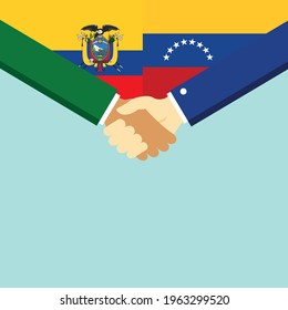 Der Handschlag und zwei Flaggen Ecuador und Venezuela. Flache Vektorgrafik.