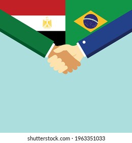 El apretón de manos y dos banderas son Egipto y Brasil. Ilustración vectorial de estilo plano.
