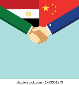The handshake and two flags Egypt and China. Flat style vector illustration.