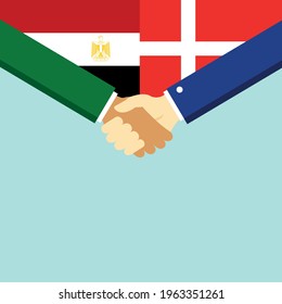 The handshake and two flags Egypt and Denmark. Flat style vector illustration.