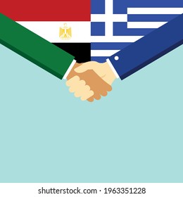 The handshake and two flags Egypt and Greece. Flat style vector illustration.