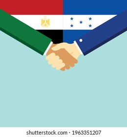 The handshake and two flags Egypt and Honduras. Flat style vector illustration.