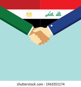 The handshake and two flags Egypt and Iraq. Flat style vector illustration.