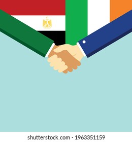 The handshake and two flags Egypt and Ireland. Flat style vector illustration.