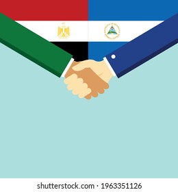 The handshake and two flags Egypt and Nicaragua. Flat style vector illustration.