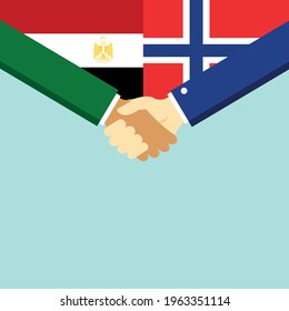 The handshake and two flags Egypt and Norway. Flat style vector illustration.