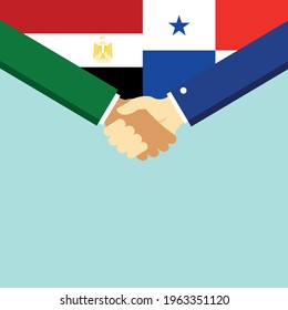 The handshake and two flags Egypt and Panama. Flat style vector illustration.