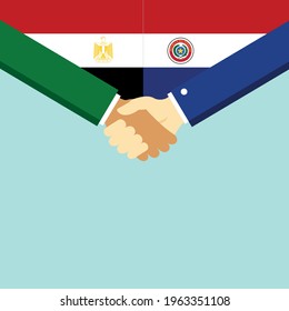 Der Handschlag und zwei Flaggen Ägypten und Paraguay. Flache Vektorgrafik.