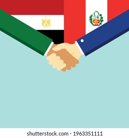 El apretón de manos y dos banderas son Egipto y Perú. Ilustración vectorial de estilo plano.