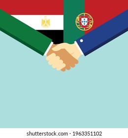 Der Handschlag und zwei Flaggen Ägypten und Portugal. Flache Vektorgrafik.