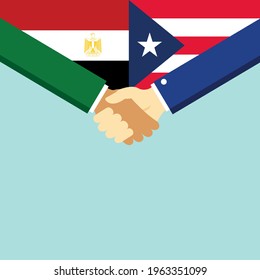 The handshake and two flags Egypt and Puerto Rico. Flat style vector illustration.