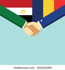 The handshake and two flags Egypt and Romania. Flat style vector illustration.